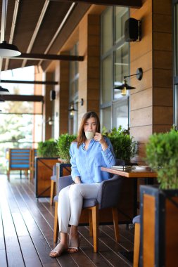 Çekici kız restoranda çay içme  .