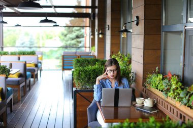Kadın yazarı dizüstü restoranda makale yazmaya.
