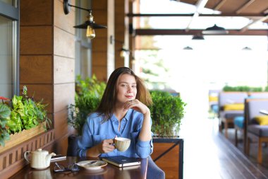 Çekici kız restoranda çay içme  .