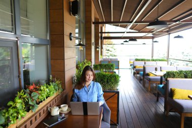 Çekici kız restoranda çay içme  .