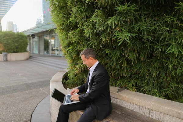 Businessman working with laptop outside near plant in  .