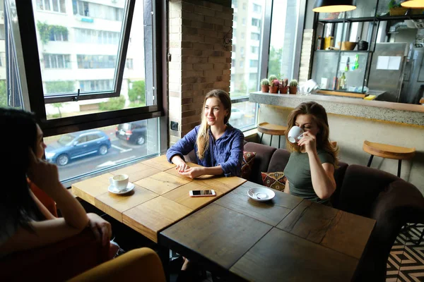 Ler kvinnfolk på restaurant og snakker med kaffekopper . – stockfoto