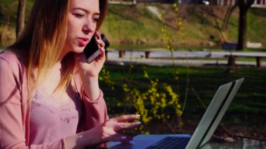 Müşteri ve park içinde laptop tarama ile Smartphone tarafından konuşma online alışveriş Danışmanı.