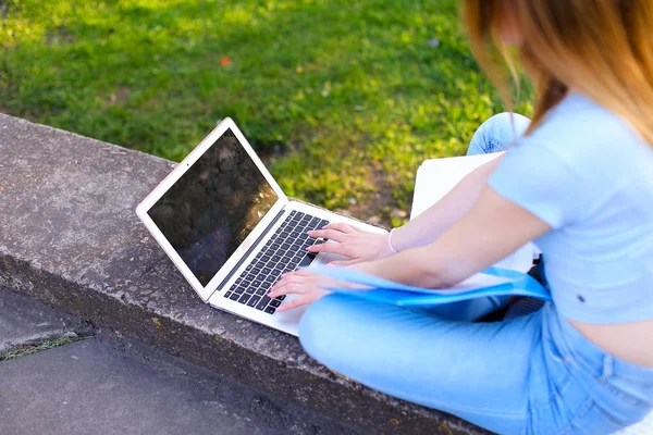 Estudante do sexo feminino trabalhando com laptop e diagramas ao ar livre . — Fotografia de Stock