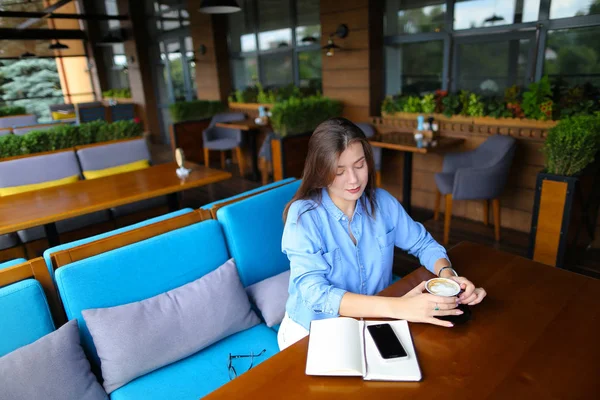 Mujer caucásica sentada en la cafetería con portátil y teléfono inteligente en la mesa, bebiendo café . — Foto de Stock