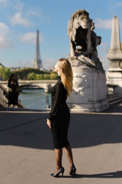 Beyaz kız Paris Eyfel Kulesi arka planda, aslan heykeli yanında ayakta.