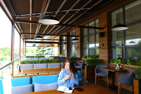 Mujer sentada en la cafetería con portátil y smartphone, tomando café . — Foto de Stock