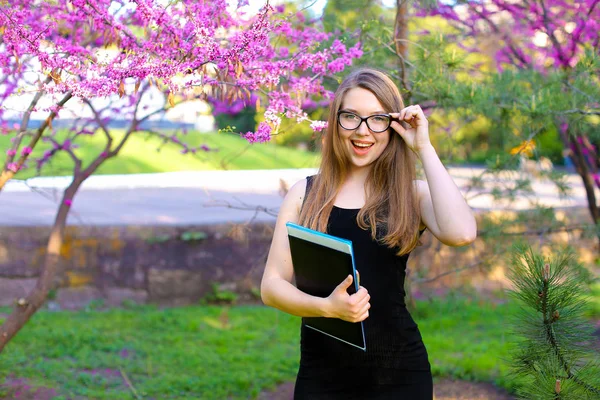 Intelligens női hallgató megható szemüveg-kert, és állandó a fekete mappában lévő dokumentumok. — Stock Fotó