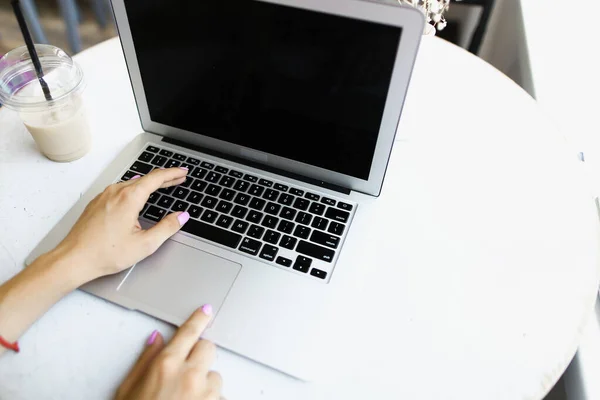 stock image Caucasian arms texting on laptop keyboard, banner with white copyspace.