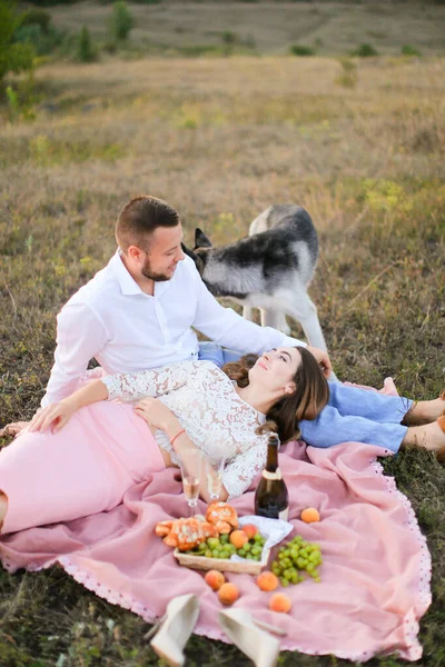 Fiatal kaukázusi nő fekszik férfi térdre és rózsaszín kockás steppe közel husky és gyümölcsök. — Stock Fotó