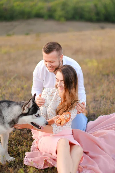 Young happy girl and boy sitting on grass and feeding husky. — Stock Photo, Image