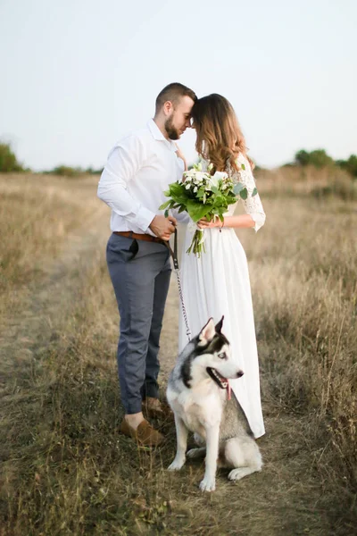 Γαμπρός αγκαλιάζει νύφη σε λευκό φόρεμα με μπουκέτο λουλούδια κοντά husky σε φόντο στέπα. — Φωτογραφία Αρχείου