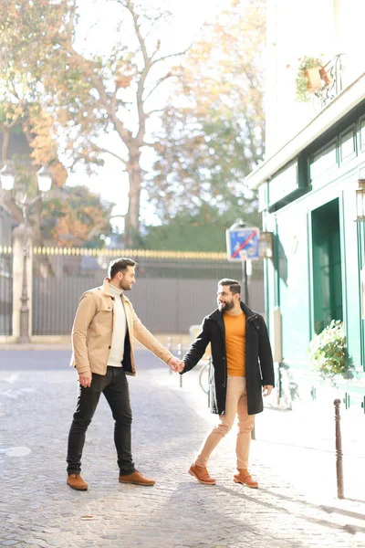 Gays paseando y tomados de la mano en la ciudad. — Foto de Stock