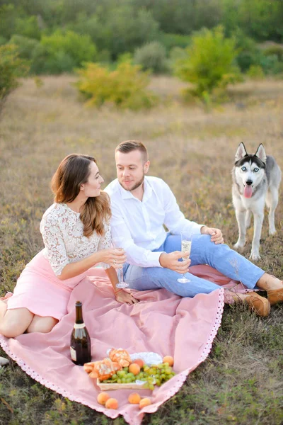 Young handsome man and woman sitting on pink plaid with glasses near husky and fruits. — Stock Photo, Image