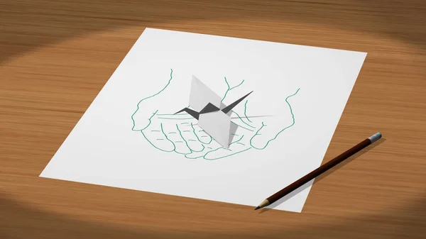 Drawn on a paper hands holding an origami crane 3d illustration render