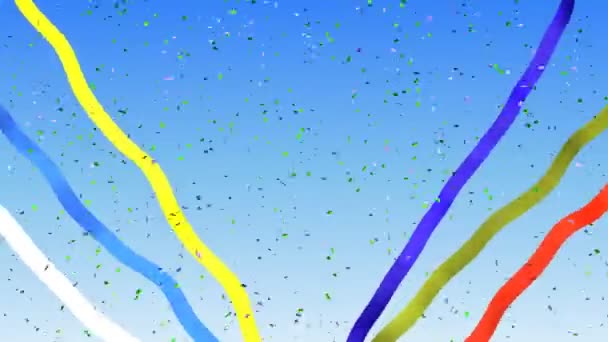 Confetti y cintas sobre un lazo de fondo de cielo azul — Vídeos de Stock