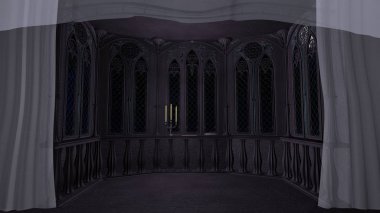 Eski 3D kaledeki gotik balkon canlandırma arkaplanı
