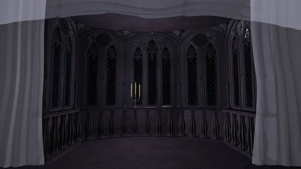 Eski 3D kaledeki gotik balkon canlandırma arkaplanı