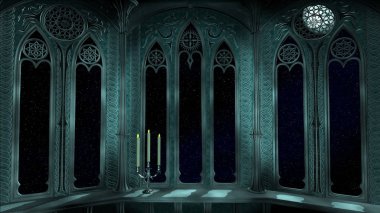 Eski 3D kaledeki gotik balkon canlandırma arkaplanı