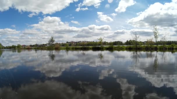 Piękne jezioro krajobraz z lasu na Bank odbicia w wodzie stojącej, Ruzhicna, Chmielnicki, Ukraina — Wideo stockowe