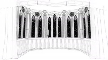 Gothic eski kale 3d render balkonda animasyonlu arka plan ilmekledi
