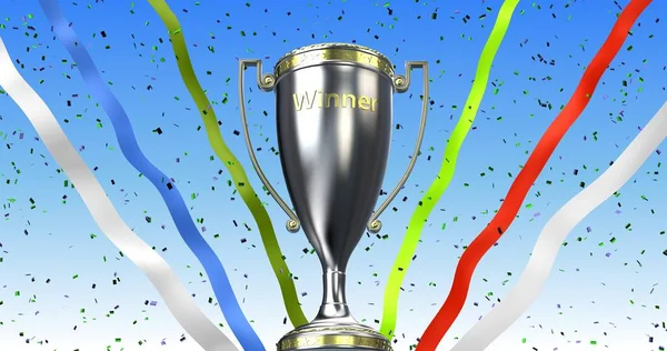 Winnaar trofee cup met linten en confetti. 3D illustratie maken — Stockfoto