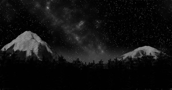 Noc Zima Las niebo i górami w tle 3d render ilustracja — Zdjęcie stockowe