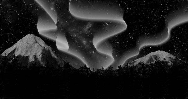 Nuit hiver aurore boréale forêt ciel et montagnes fond illustration 3d rendre — Photo