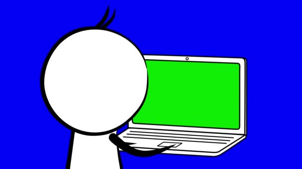 Stick Figure Man typing on laptop keyboard cartoon — Stock Video