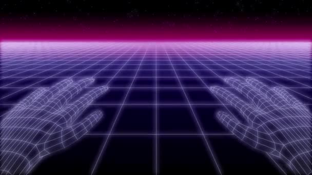 Synthwave net and hands Retro Background 3d render — Stock Video