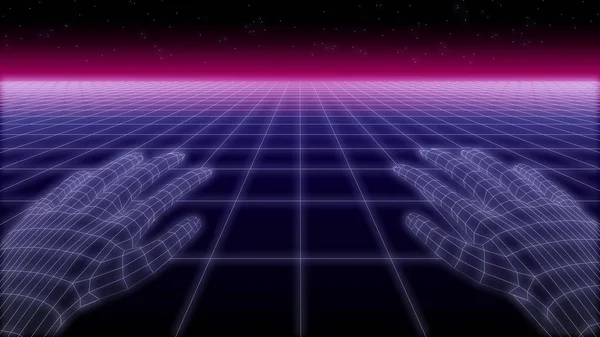 Synthwave ağı ve eller Retro Arkaplan 3d oluşturma — Stok fotoğraf