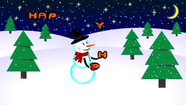 Sneeuwman jongleren met Happy holidays letters — Stockvideo