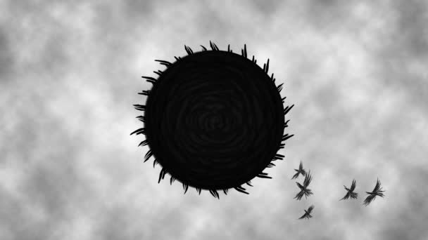 Zwarte zon roteert trekt kraaien animatie — Stockvideo