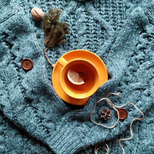 Taza de té caliente con limón en un suéter cálido y acogedor —  Fotos de Stock