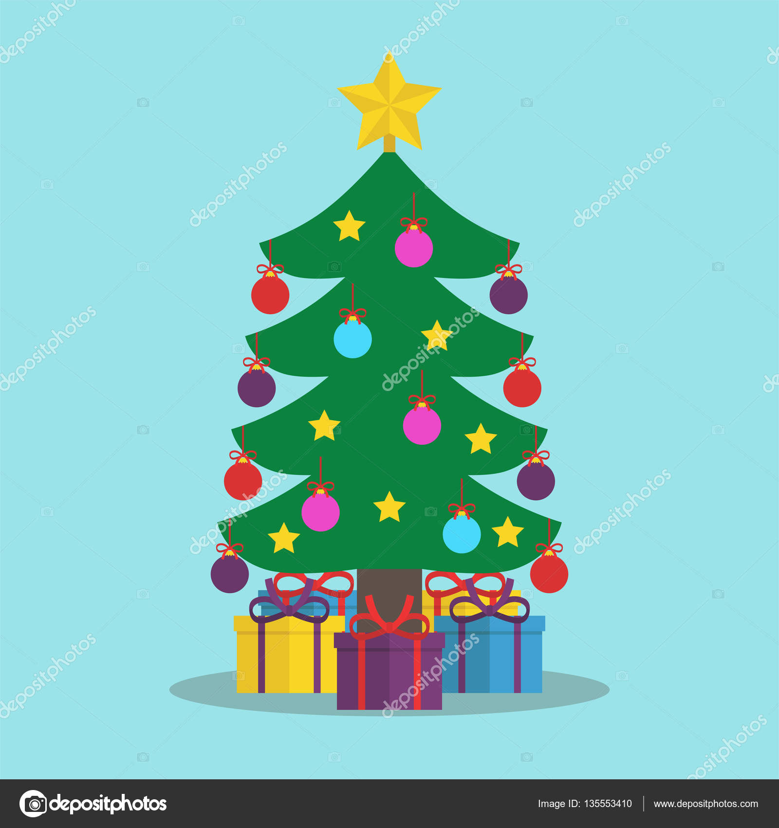 Albero di Natale decorato con palline colorate e stella sotto quali doni su priorit  bassa blu Concetto di Natale e anno nuovo felice Design piatto