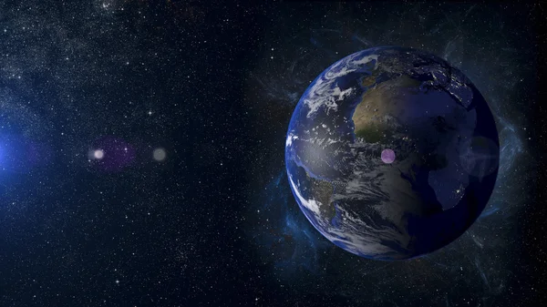 Sistema solare pianeta Terra su sfondo nebuloso rendering 3d . — Foto Stock