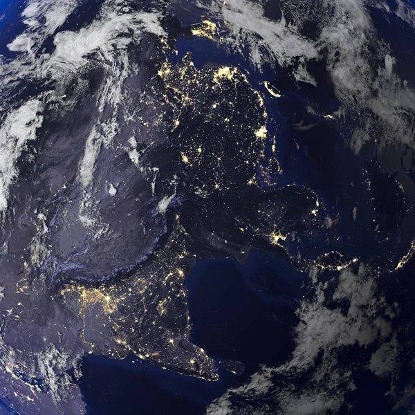 Terra vista notturna dallo spazio rendering 3d . — Foto Stock