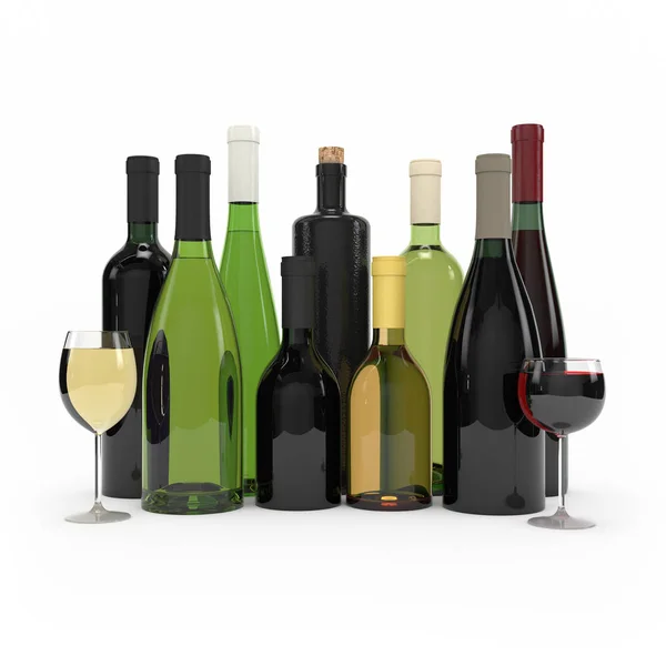 Collection de bouteilles de vin isolé rendu 3d — Photo