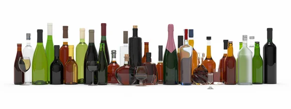 Zbieranie butelek alkoholu na białym tle renderowania 3d — Zdjęcie stockowe