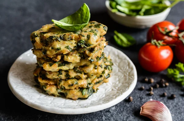 Savory tuna pancakes with spinach, garlic and egg — Stock Photo, Image