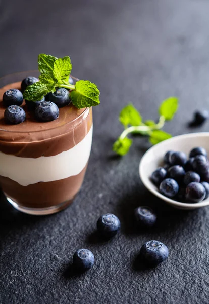 Čokoládové a vanilkové mascarpone dezert přelitý Borůvka — Stock fotografie