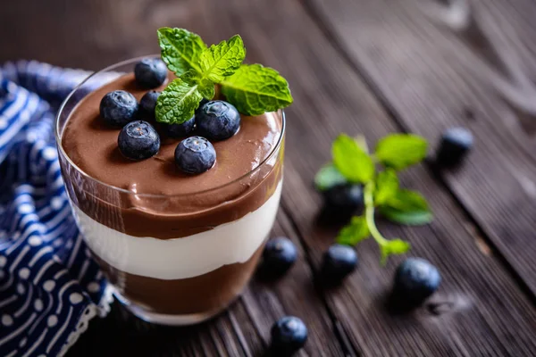 Chocolate and vanilla mascarpone dessert topped with blueberry — Stock Photo, Image