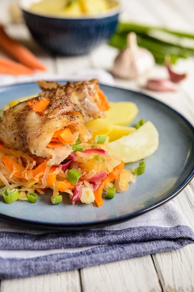 Pangasius filetes rolos recheados com cenoura e azeitonas, servidos com salada de legumes e batata cozida — Fotografia de Stock