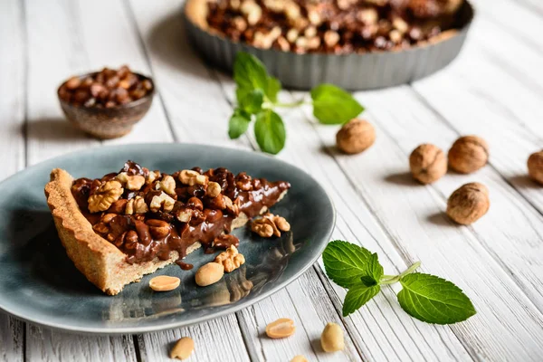 Вкусный шоколадный пирог с грецким орехом, арахисом, сушеной клюквой и изюмом — стоковое фото