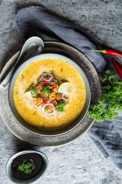 Thai coconut soup with shrimps and shiitake mushrooms