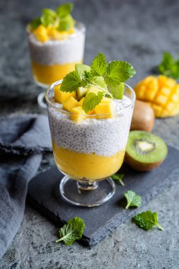Vejetaryen hindistancevizi chia tohumu pudingi, mango püresi ve kivi dilimleriyle kaplı.