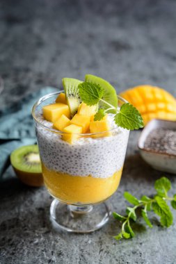 Vejetaryen hindistancevizi chia tohumu pudingi, mango püresi ve kivi dilimleriyle kaplı.