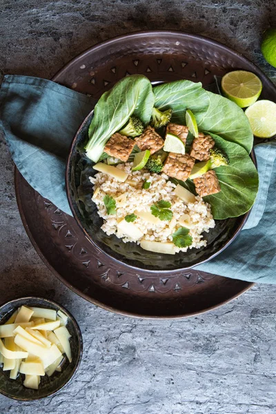 Tempeh Con Arroz Bok Choy Brócoli Vapor Brotes Bambú Plato — Foto de Stock