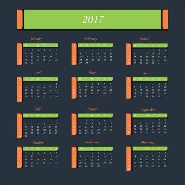 2017 年的日历。周从星期日开始. — 图库矢量图片