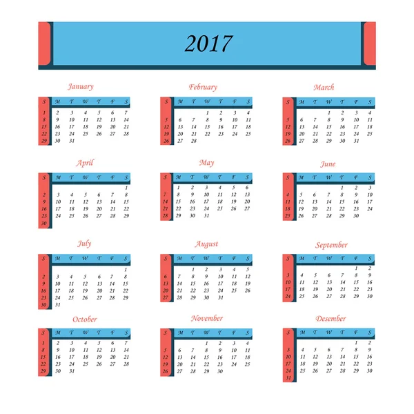 Kalender für 2017 Jahr. Woche beginnt am Sonntag. — Stockvektor